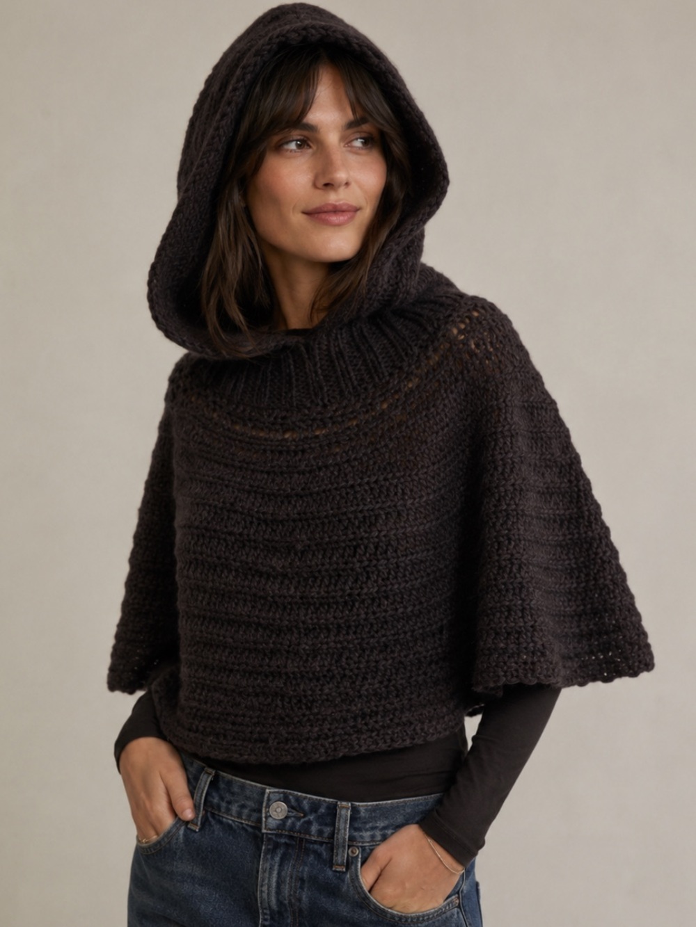 PROMOD Mohair Wool Blend Hooded Knit Capelet Shrug Poncho OS